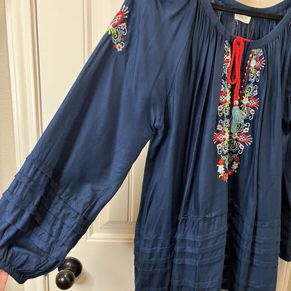 Kyla Seo Blue Red Floral Embroidered Tassels Peasant Boho Hippie Top Size L - Picture 2 of 11